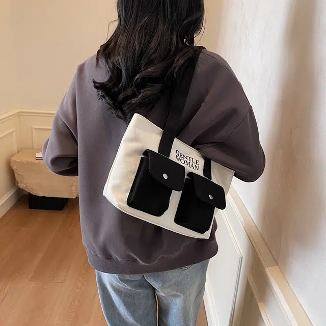 雅鹿 小众时尚轻便帆布包春夏季流行百搭学生上课通勤 布 手提单肩包 常规 女款 黑色/米白色/卡其色/ 白底黑兜/ 黑底白兜