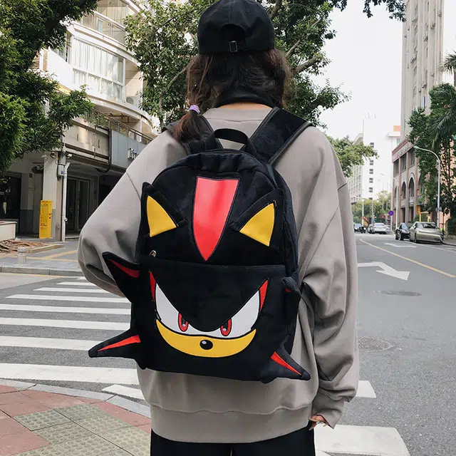 雅鹿 尼克音速小子暗影卡通初高中大学生大容量可爱休闲百搭 毛绒 双肩包 男女同款情侣款 黑色