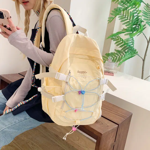 雅鹿 韩系绑带撞色时尚百搭 尼龙布 双肩包 女款 黄色/蓝色/黑色/粉色