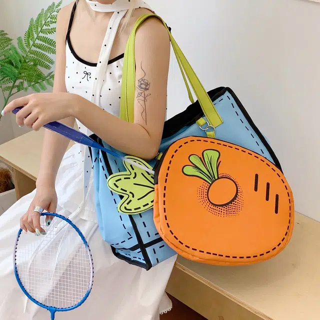 雅鹿 日韩卡通撞色可爱萝卜造型 尼龙布 托特包手提单肩包 女款 天蓝色