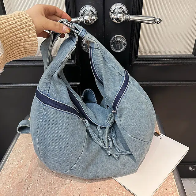 雅鹿 休闲复古慵懒风水洗做旧牛仔饺子包女大容量小众时尚百搭大学生上课通勤托特包 帆布 斜挎包单肩包 常规 女款 深蓝/浅蓝/黑色