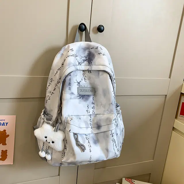 雅鹿 新中式国风水墨书法印花初中高中大学生上课书包小众休闲百搭 尼龙 双肩包 女款 灰色/粉色/果绿色/蓝色/青绿色