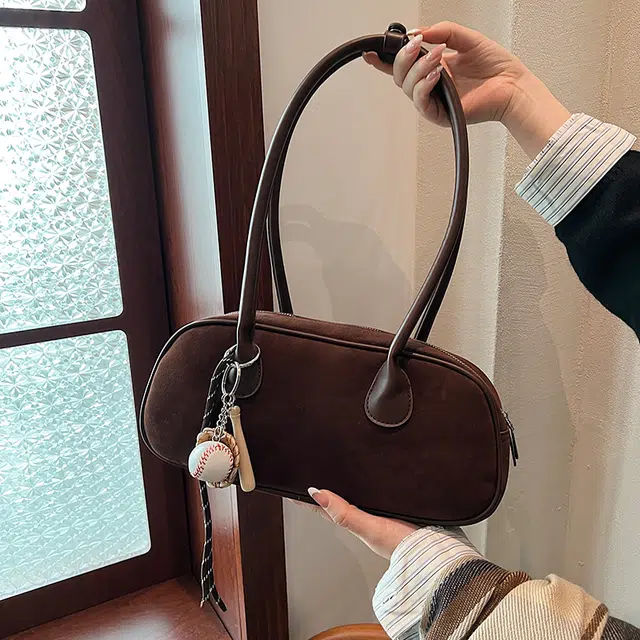 雅鹿 韩式小众高级感复古单肩包腋下法棍包 麂皮 手提包 常规 女款 咖色/棕色/红色/黑色/灰色