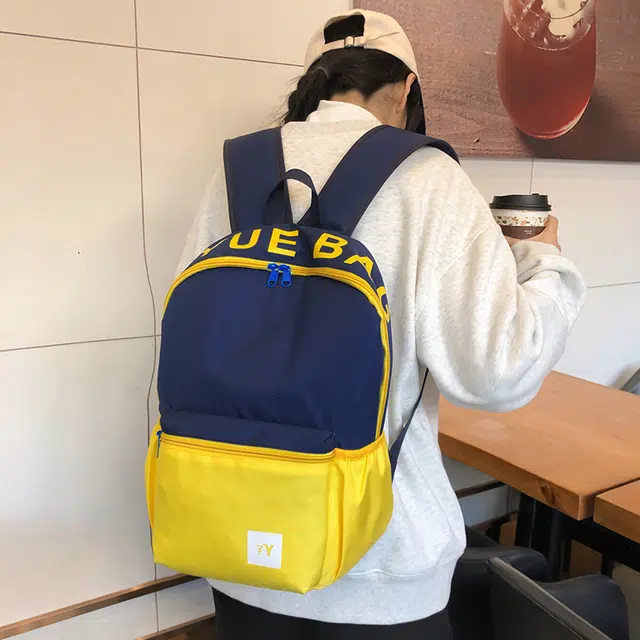 雅鹿 美式撞色顶字母印花初高中大学生书包可爱休闲大感校园旅行 尼龙 双肩包 男女同款情侣款 黄色/蓝色/红色/粉色