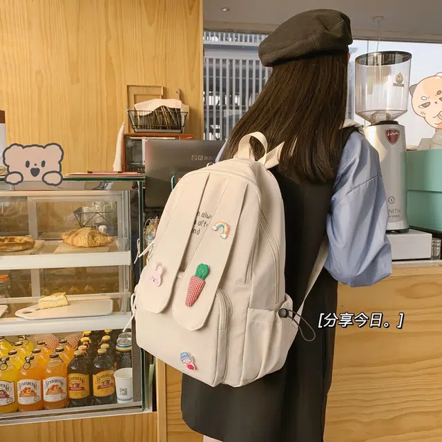 雅鹿 纯色卡通兔耳朵休闲轻便百搭可爱徽章拉链开合 尼龙 双肩包 女款 米白色/黑色/粉红色