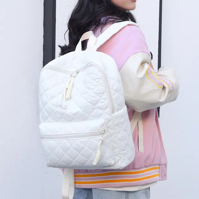 雅鹿 菱格绣线休闲 防泼水面料 双肩包 女款 白色/黑色/红色/粉色