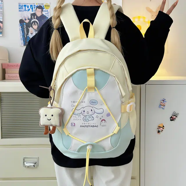 雅鹿 高颜值卡通可爱学院风初高中大学生日系小清新轻便少女书包甜美撞色百搭背包 尼龙 双肩包 常规 女款 黄色/粉色/绿色/蓝色