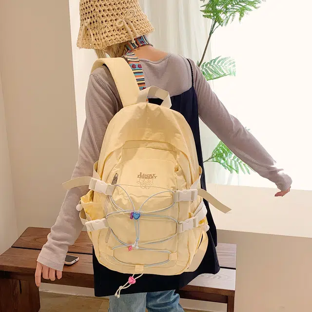 雅鹿 韩系绑带撞色时尚百搭 尼龙布 双肩包 女款 黄色/蓝色/黑色/粉色
