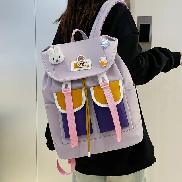 雅鹿 日系文艺范小众清新校园可爱撞色多口袋通勤 尼龙 双肩包 女款 多色