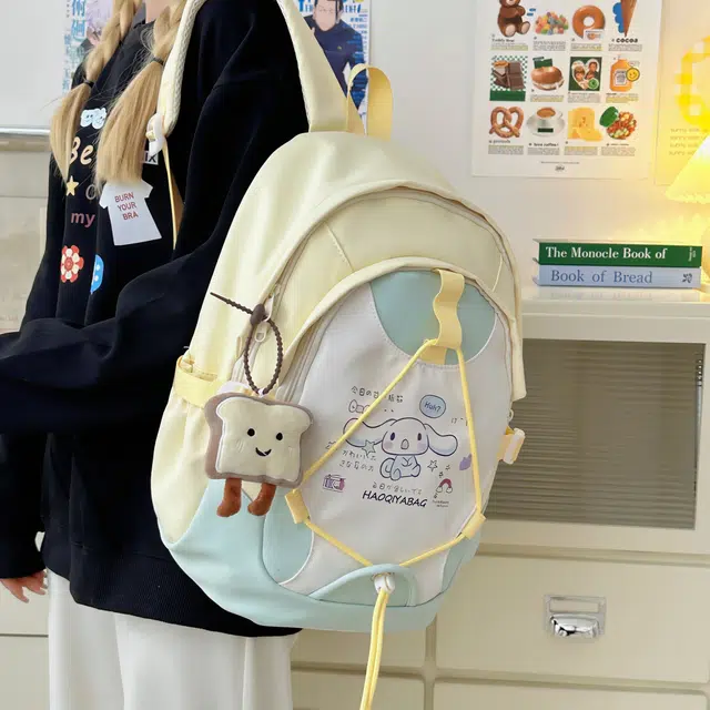 雅鹿 高颜值卡通可爱学院风初高中大学生日系小清新轻便少女书包甜美撞色百搭背包 尼龙 双肩包 常规 女款 黄色/粉色/绿色/蓝色