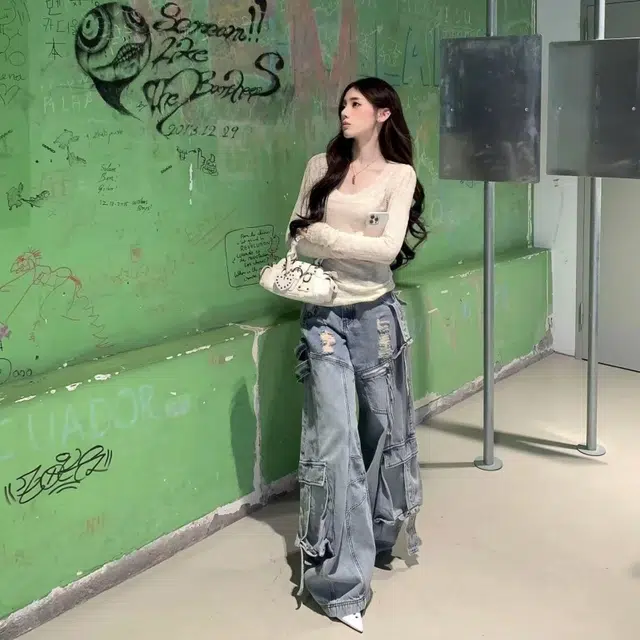 悍戈 美式复古解构风多口袋工装裤 潮流百搭有垂感牛仔裤 男女同款