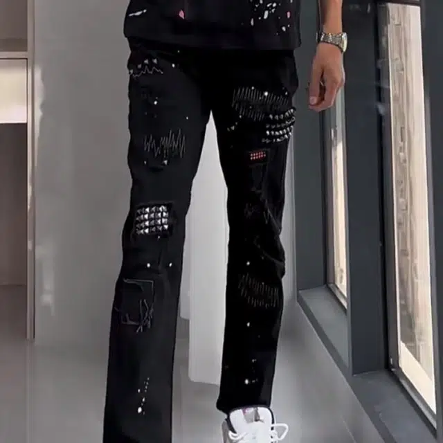 悍戈 铆钉设计小众拼接欧美嘻哈泼墨修身潮流潮牌破洞补丁裤子牛仔裤 男女同款