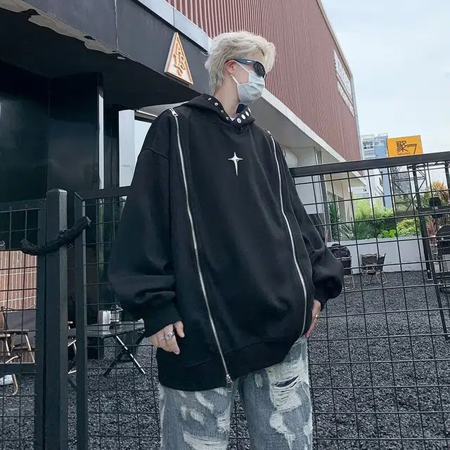 悍戈 美式时尚酷炫双拉链设计感连帽重磅嘻哈风高街感卫衣 男女同款