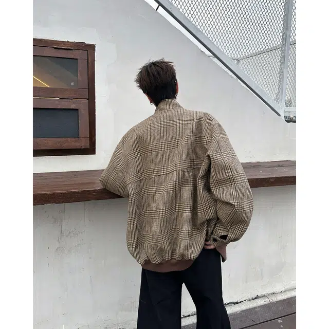 悍戈 复古高街嘻哈风千鸟格条纹小众休闲宽松百搭痞帅工装飞行员外套夹克 男女同款