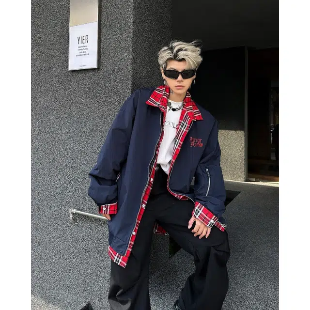 悍戈 美式复古手绘字母印花街头时尚撞色格子拼接假两件小众设计个性潮流翻领宽松休闲百搭拉链开衫长袖外套夹克 男女同款