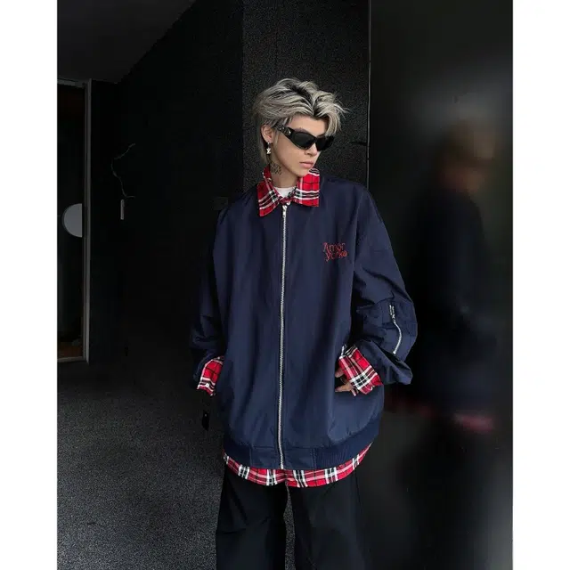 悍戈 美式复古手绘字母印花街头时尚撞色格子拼接假两件小众设计个性潮流翻领宽松休闲百搭拉链开衫长袖外套夹克 男女同款