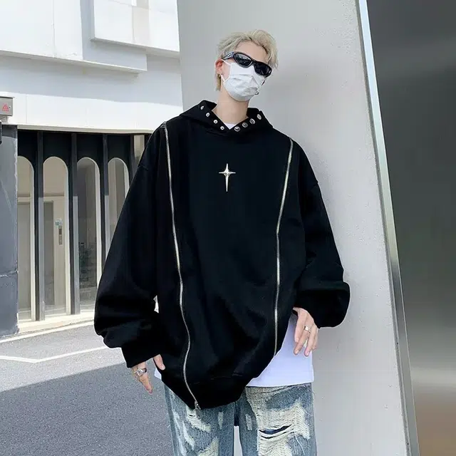 悍戈 美式时尚酷炫双拉链设计感连帽重磅嘻哈风高街感卫衣 男女同款