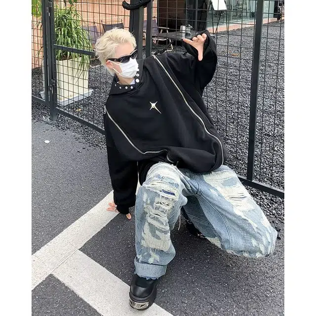悍戈 美式时尚酷炫双拉链设计感连帽重磅嘻哈风高街感卫衣 男女同款
