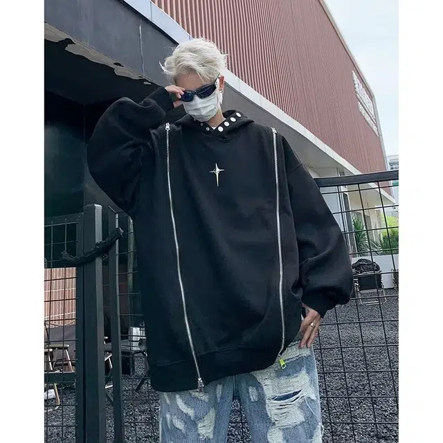 悍戈 美式时尚酷炫双拉链设计感连帽重磅嘻哈风高街感卫衣 男女同款