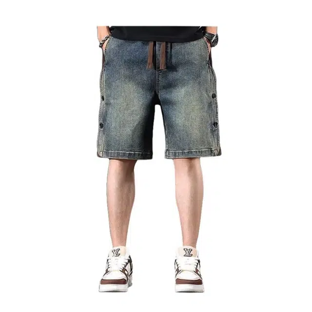 木木兔 美式水洗做旧潮牌休闲时尚小众设计感百搭宽松直筒五分裤牛仔短裤 男款