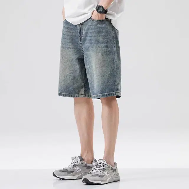 木木兔 美式水洗做旧休闲潮牌百搭时尚小众设计感直筒五分裤牛仔短裤 男款