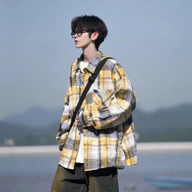 木木兔 复古美式透气时尚格子简约轻便长袖衬衫 男款