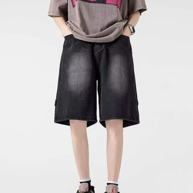 木木兔 美式高街潮牌水洗做旧休闲小众设计感时尚百搭宽松五分裤牛仔短裤 男款