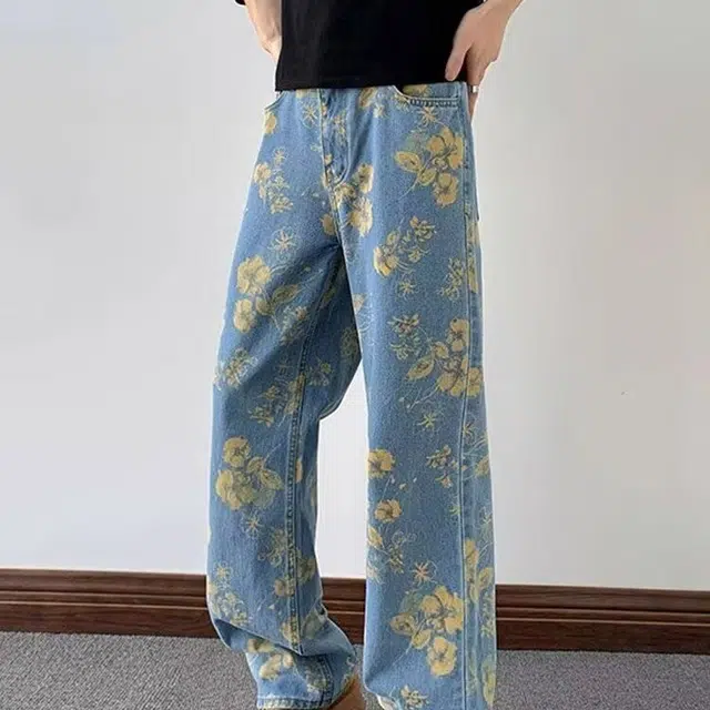 木木兔 重工印花图案高街高级感显瘦显高宽松阔腿裤高腰垂感拖地裤休闲运动牛仔裤 男款