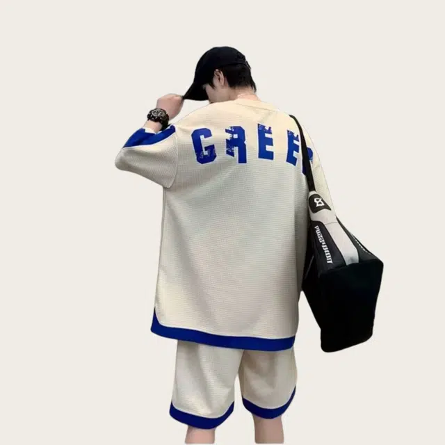 木木兔 学生百搭字母宽松华夫格休闲运动套装 男款