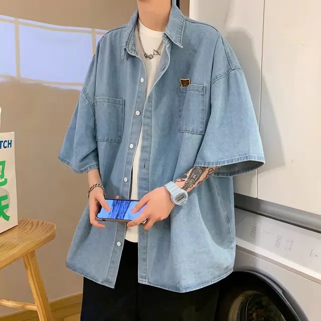 木木兔 百搭港风日系牛仔休闲透气时尚简约轻便轻便简约痞帅短袖衬衫 男款