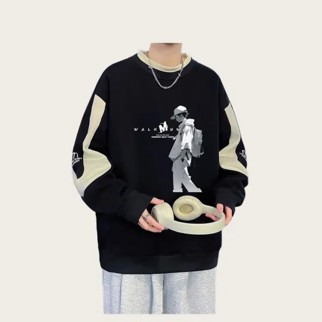 木木兔 秋季休闲落肩袖常规简约轻便小众设计运动宽松圆领长袖印花青少年青春流行卫衣 男款