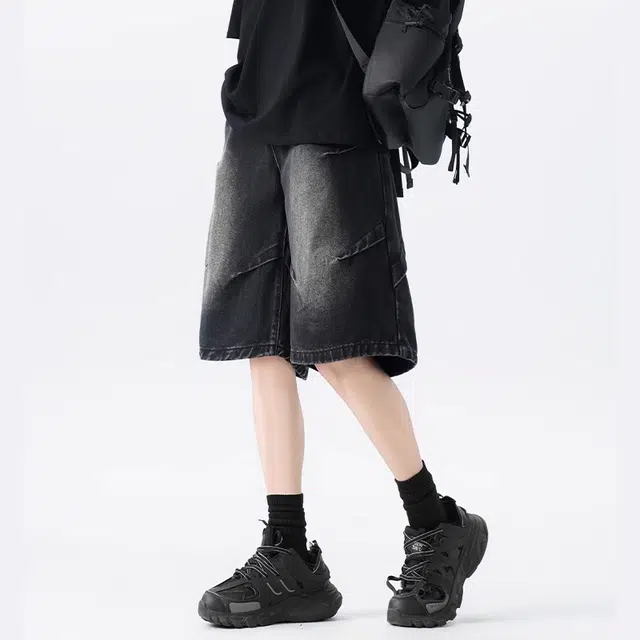 木木兔 美式褶皱水洗潮流时尚牛仔短裤 男款