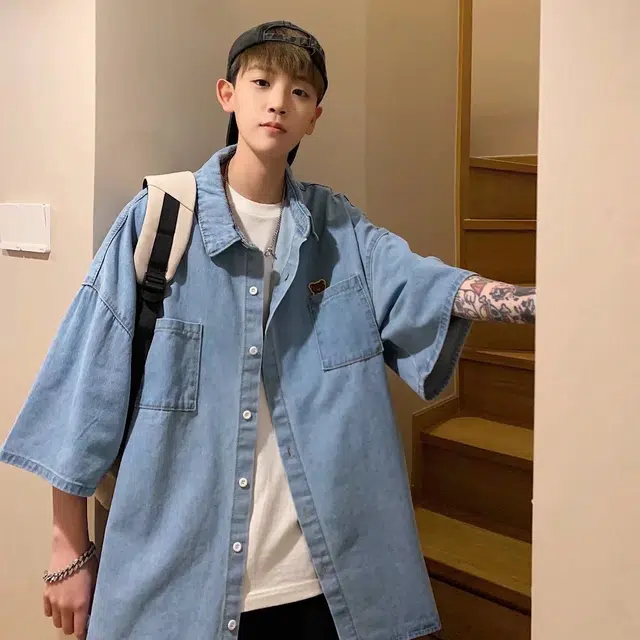 木木兔 百搭港风日系牛仔休闲透气时尚简约轻便轻便简约痞帅短袖衬衫 男款