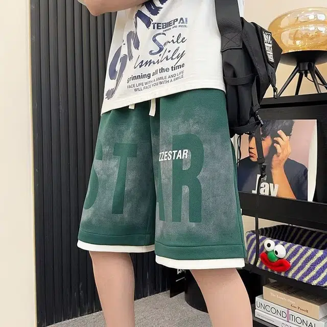 木木兔 宽松潮流印花运动简约美式立体字母休闲短裤 男款