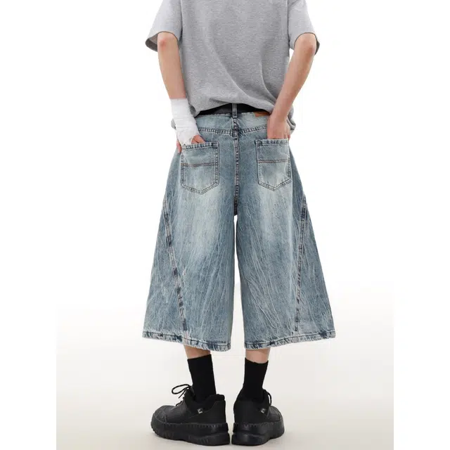 木木兔 美式复古水洗磨破潮流休闲宽松百搭七分牛仔短裤 男款