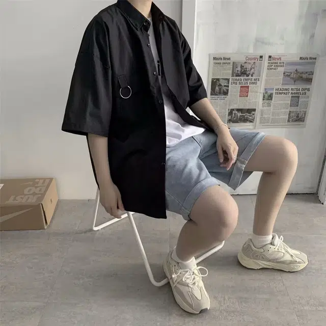 木木兔 百搭韩版学生宽松日系休闲透气时尚简约轻便轻便简约短袖衬衫 男款