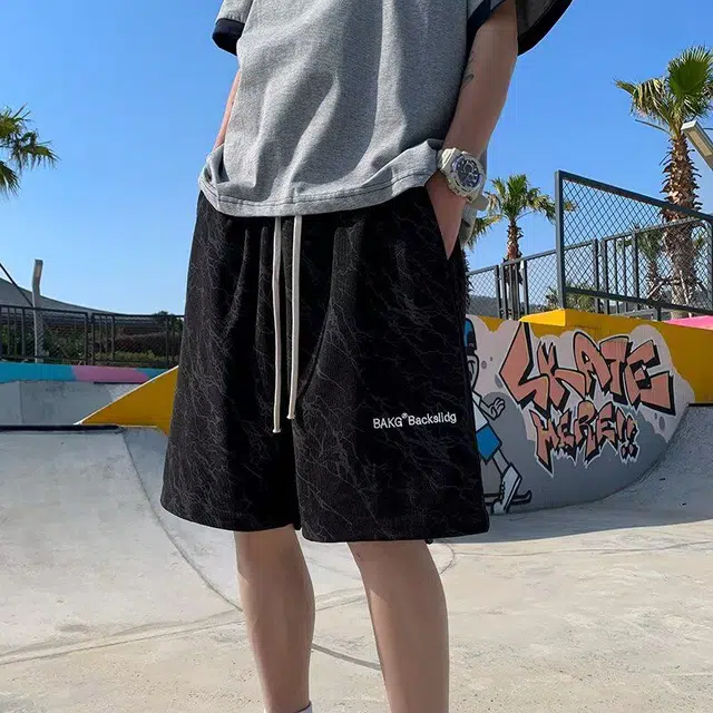 木木兔 小众设计刺绣宽松透气时尚简约运动潮流五分裤休闲短裤 男款