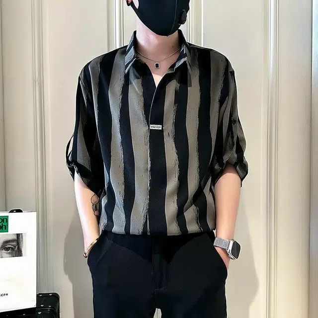 木木兔 百搭简约经典基础款条纹短袖衬衫 男款