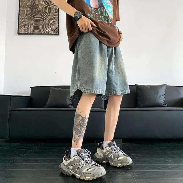 木木兔 港风水洗做旧潮牌牛仔短裤 男款