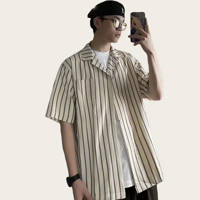 木木兔 百搭竖条纹休闲透气时尚简约轻便轻便简约日系潮流宽松短袖衬衫 男款