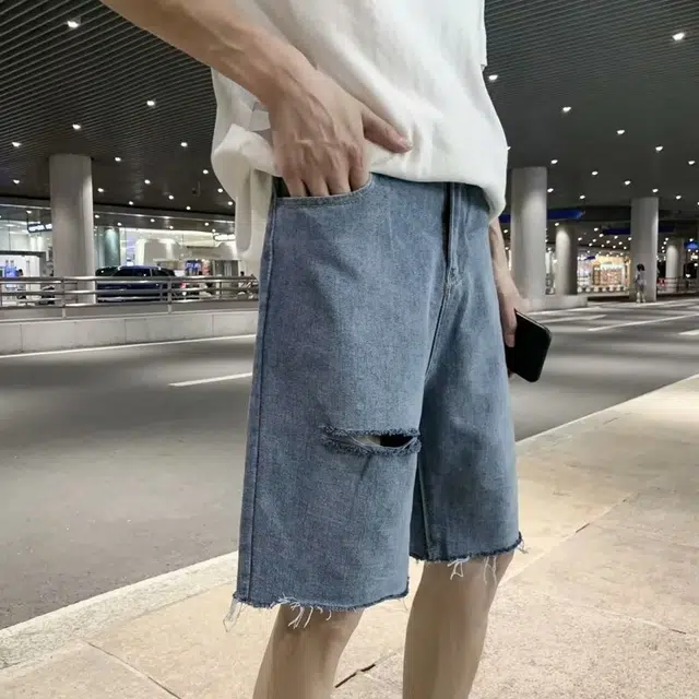 木木兔 美式复古毛边设计感男士高街破洞潮牌休闲时尚百搭宽松五分裤牛仔短裤 男款