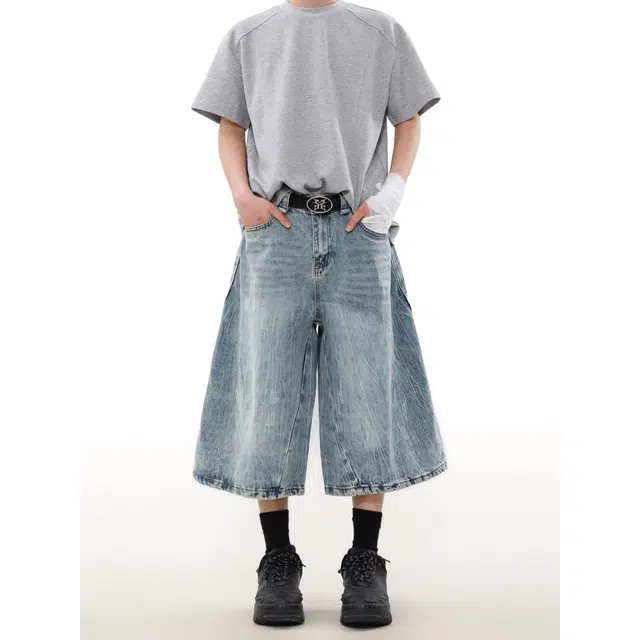 木木兔 美式复古水洗磨破潮流休闲宽松百搭七分牛仔短裤 男款