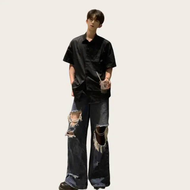 木木兔 秋季直筒水洗高级感休闲潮牌皮带款潮流日系青少年港风复古裤子牛仔裤 男款