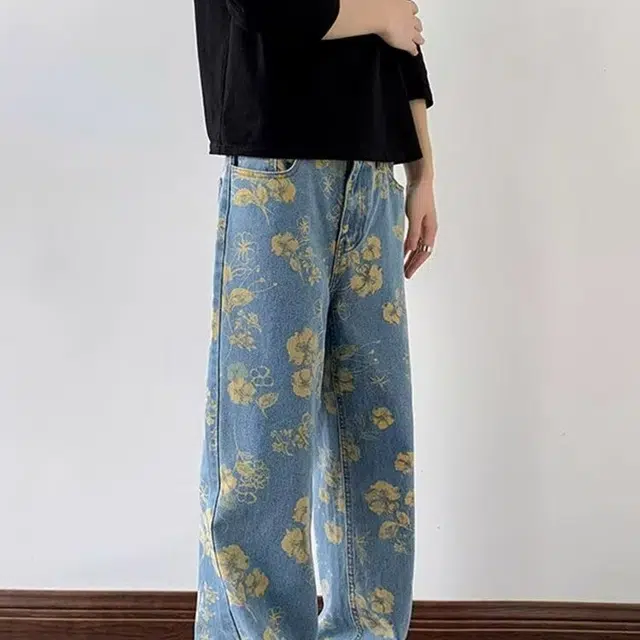 木木兔 重工印花图案高街高级感显瘦显高宽松阔腿裤高腰垂感拖地裤休闲运动牛仔裤 男款