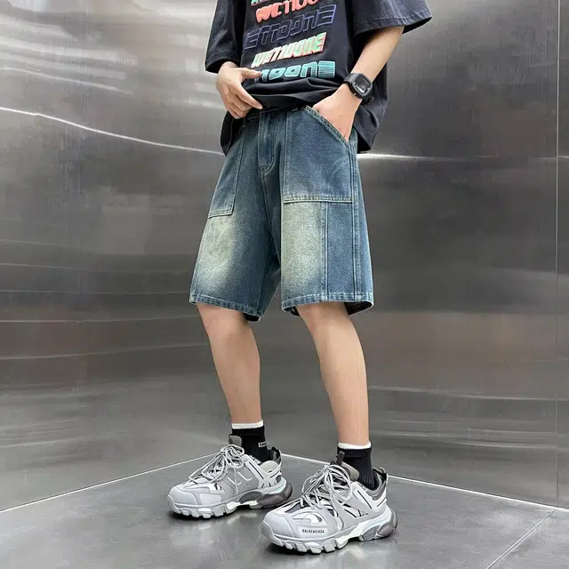 木木兔 美式复古水洗做旧高街潮牌设计感休闲小众时尚百搭宽松五分裤牛仔短裤 男款