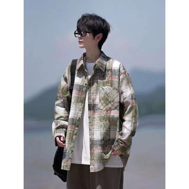 木木兔 复古美式透气时尚格子简约轻便长袖衬衫 男款