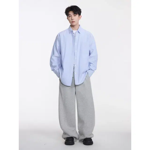 木木兔 复古美式透气条纹简约轻便学生时尚潮流长袖衬衫 男款