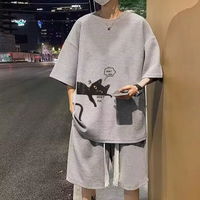 木木兔 舒适印花学生小猫宽松圆领上衣透气华夫格潮流时尚简约轻便裤子休闲运动套装 男款