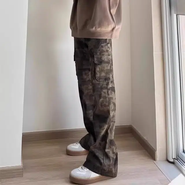 木木兔 高街美式学生做旧迷彩直筒裤潮牌街头百搭微喇长裤高级感显瘦显高牛仔裤 男款