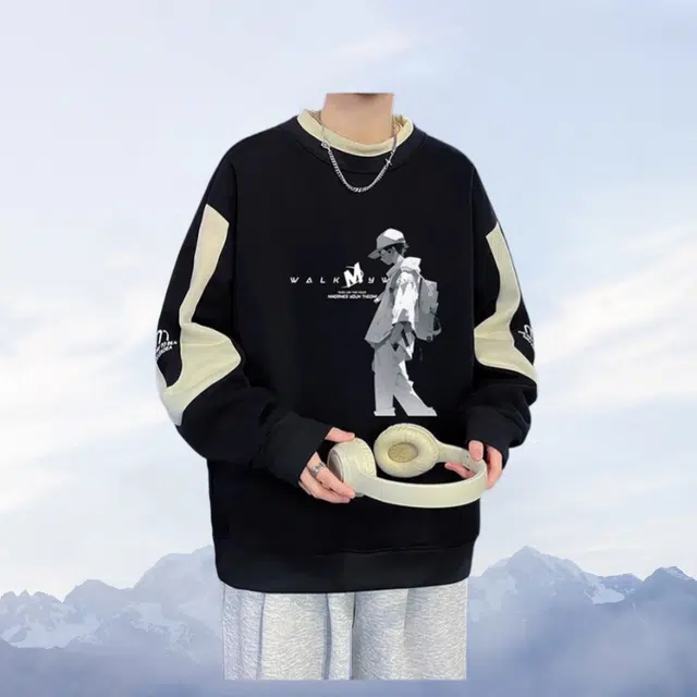 木木兔 秋季休闲落肩袖常规简约轻便小众设计运动宽松圆领长袖印花青少年青春流行卫衣 男款